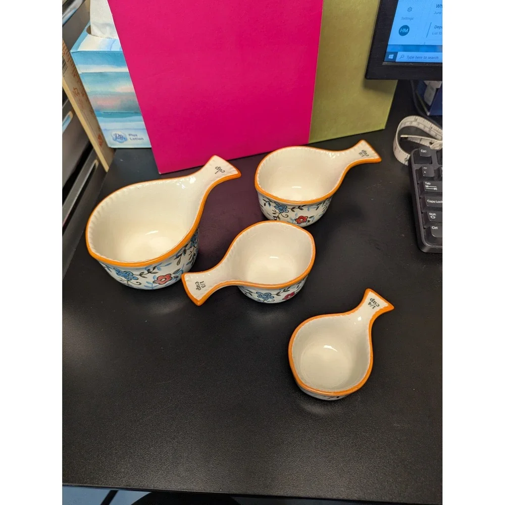 Dutch Wax Measuring Cups Ceramic Floral Handpainted Set of 4 Orange Blue